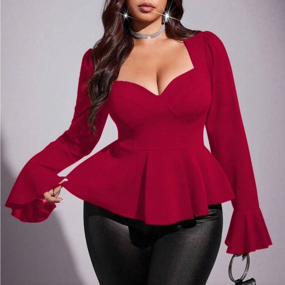 Plus Size Elegant Red Peplum Top Blouse Shirt